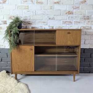 Drinks cabinet Mid century Vintage Sideboard Nathan retro unit, bar, bookcase storage with sliding glass doors on legs