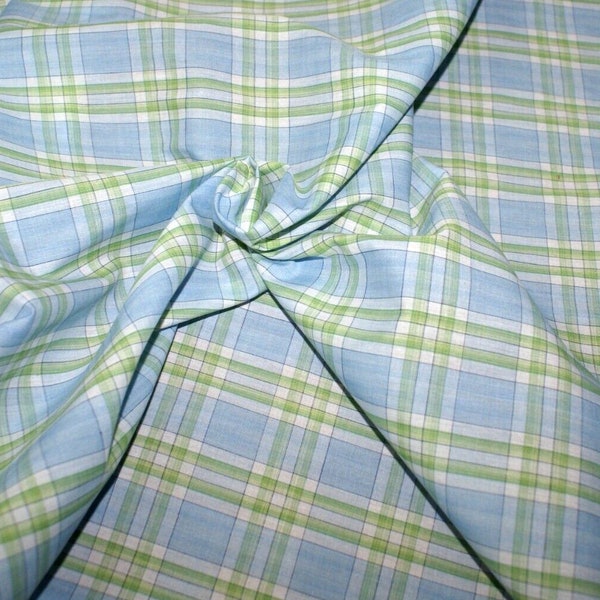 1m x 1.48m wide 'baby blue, green & white, cotton check woven fabric