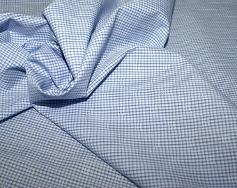 Light blue check cotton fabric, embroidered, light / mid weight, by the metre