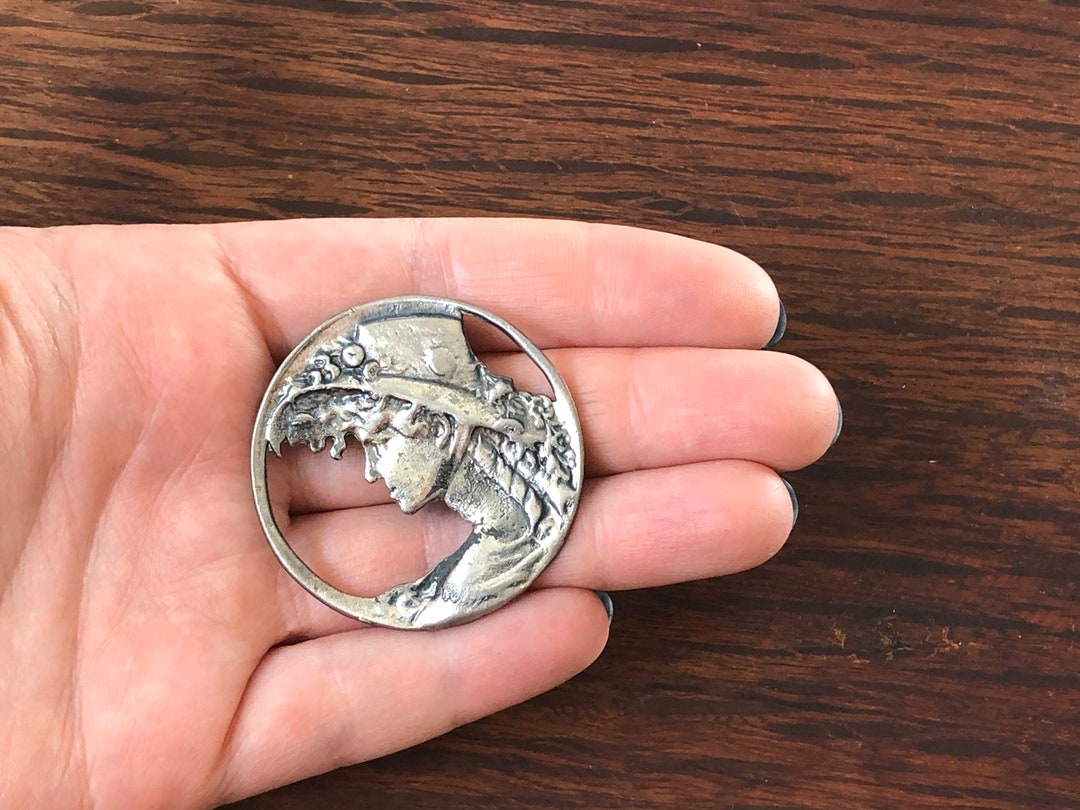 Vintage Pewter Art Nouveau Cameo Brooch Featuring a Woman Wearing a Hat
