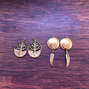 4 Assorted Vintage Bronze Charms - Tree Of Life + Large Circle Feather Drop Charms