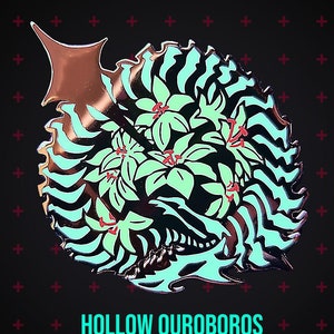 May include: A black and green enamel pin with a stylized image of a snake biting its tail, surrounded by flowers. The text "HOLLOW OUROBOROS" is printed below the image.