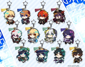 Genshin Impact 2.5in Keychains: Aether, Childe, Diluc, Hu Tao, Kazuha, Lumine, Nahida, Raiden Shogun, Venti, Wanderer, Xiao, Zhongli