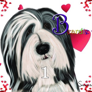 1 BEARDED COLLIE card | Beardie |Greeting card | hearts, roses, Christmas