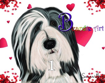 1 BEARDED COLLIE card | Beardie |Greeting card | hearts, roses, Christmas