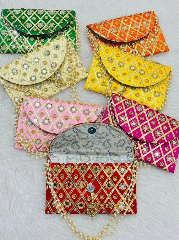 CLUTCH BAG PURSE | INDIAN HANDCRAFTED EMBROIDERED ETHNIC WOMEN'S HANDBAG | BRIDAL  Clutch | CASUAL bag | PARTY handbag | WEDDING purse | Pink & Golden Clutch