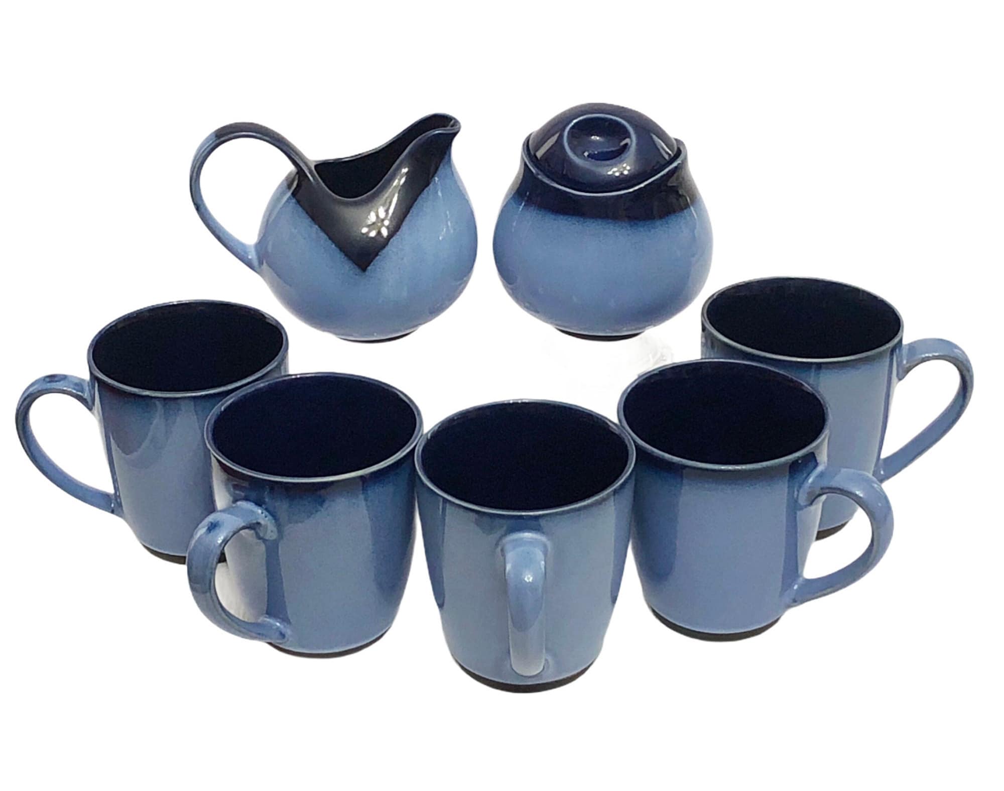 7 Piece SANGO China Cobalt Blue & Sky Blue Drip Glaze Tea Drinkers Party Set Nova Pattern Country Kitchen Sugar Creamer And 5 Coffee Mugs
