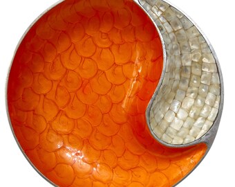 Vintage 13" Yin Yang Serving Platter Bright Spice Orange Julia Knight Silver Metal Chip And Dip Enamel Inlaid Mother Of Pearl Party Snacks