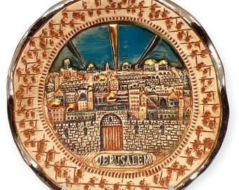 Yuri Dogayev Signed 8" Wall Hanging Ceramic Plaque Old Jerusalem Jewish Studio Pottery Art Platinum & Gold Accents Israel Holy Land Gifts