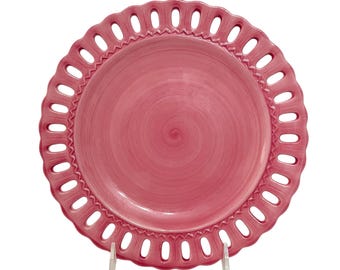 Vintage 9" Bright Pink Tassie's Plates "Dress Me Up" Decorative Ceramic Plates With Ribbon Slots Country Pop of Color Baby Shower - Set of 4
