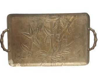 Vintage 14" Everlast Forged Aluminum Tray With Handles Bali Bamboo Pattern Asian Decor Silver Metal Serving Trays Rectangle Snack Platter