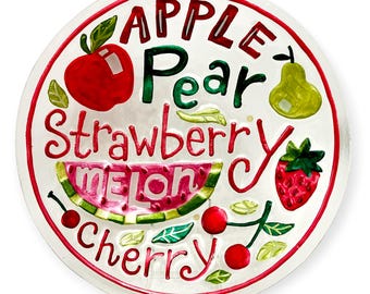 Vintage 15" Lori Siebert for Silvestri Round Fused Glass Bowl Colorful Fruit Kitchen Decor Cabinet Display Fun Word Art Centerpiece Gifts