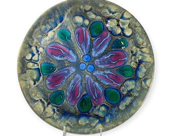 1960s Madeline Originals 15" Round Ceramic Centerpiece Tray Vintage Glaze Pottery Floral Serving Platter Large Cake Plate Made In USA