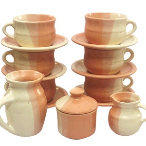 RARE Mid Century Bright Pink & White Ombre Stripe Jamestown China Tea Set (15 Pieces) - 6 Coffee Mugs, 6 Saucers, 2 Creamers, Lidded Sugar