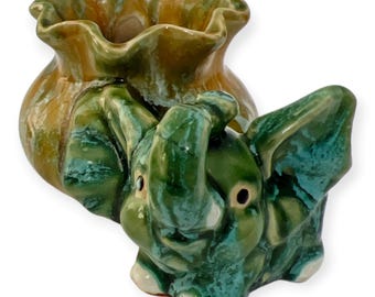 Vintage 50s Majolica Style Lucky Green Elephant With Ruffled Pot Ceramic Planter Small Boho Plant Pot Desk Decor  Novelty Pottery Pen Holder