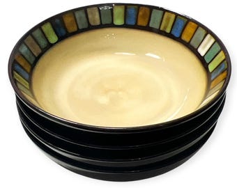 Vintage 8" Soup Bowls Sonoma Life + Style Stoneware VALLEJO BLUE Mosaic Tile Design Pop of Color Mix Match Large Ice Cream Dishes - Set of 4