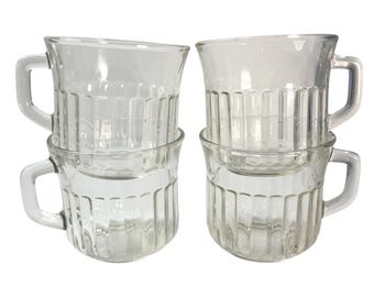 Set of 4 Fortecrisa Clear Ribbed Glass Coffee Mugs Or Tea Cups Vintage Mexican Glassware Mid Century Morning Coffee Routine Made in Mexico