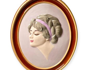 Mid Century Duncan Ceramic Lady Wall Plaque 3 Dimensional Chalkware Gibson Girl Signed 1970s Lavender Decorative Wall Hanging Erma Gilliland