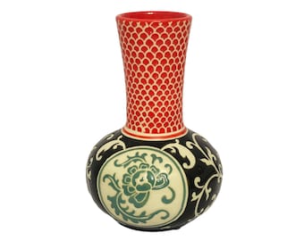 Vintage 1990s Pier 1 Imports 6" Ceramic Bud Vase Asian Style Small Flower Holder Red Fish Scale Neck Scrollwork Housewarming Gift Ideas