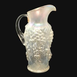 Rare 12" Mid Century Northwood Grape Arbor Tall Glass Water Pitcher Iridescent White Carnival Glass Tea Beverage Server Retro 3D Fruit Decor