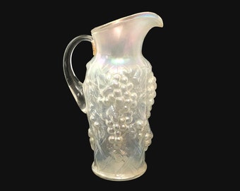 Rare 12" Mid Century Northwood Grape Arbor Tall Glass Water Pitcher Iridescent White Carnival Glass Tea Beverage Server Retro 3D Fruit Decor
