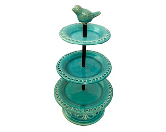 Cracker Barrel Ceramic 3-Tier Jewelry Holder With Blue Bird Topper Three Level Earring Racks Display Stand Daughter Organizer Gift Ideas