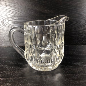 1930s Jeanette Glass 16 oz Pitcher Windsor Diamond Farmhouse Style Creamer Vintage Country Kitchen Clear Glass Bud Vase Hostess Gift Ideas