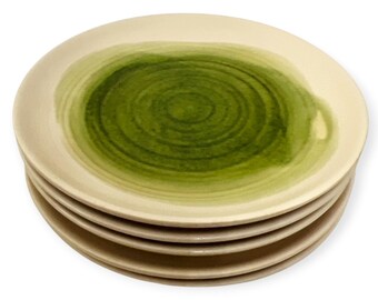 Crate & Barrel 11" Dinner Plates Lemongrass Pattern Green Cream Crackle Center Retired 2000 Stoneware Dinnerware Replacements - Set of 4