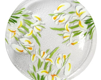 Vintage Sydnstricker 14" Fused Glass Water Iris Platter Yellow White Flowers Colorful Textured Serving Plate Studio Art Glass Made In USA