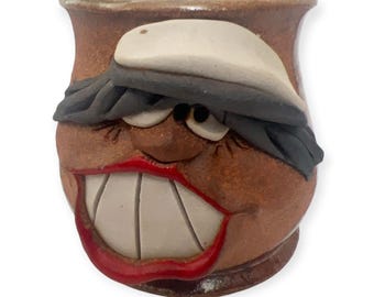 Vintage 1980 Ugly Face Stoneware Coffee Mug Signed MMS Mahon Heavyweight Brown Clay Funny Tea Cup Red Lips Pottery Novelty Office Pen Holder