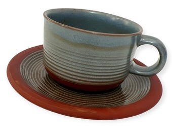 Set of 6 Mid Century Kiln Craft Coffee Cups & Saucers Set Staffordshire Potteries English Blue Brown Stoneware Mugs Country Kitchen England