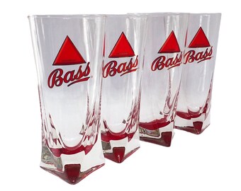 Vintage Beer Glasses BASS ALE Red Triangle Bottom English Pint Glass Home Bar Decor British Barware Breweriana Gifts For Him - Set of 4