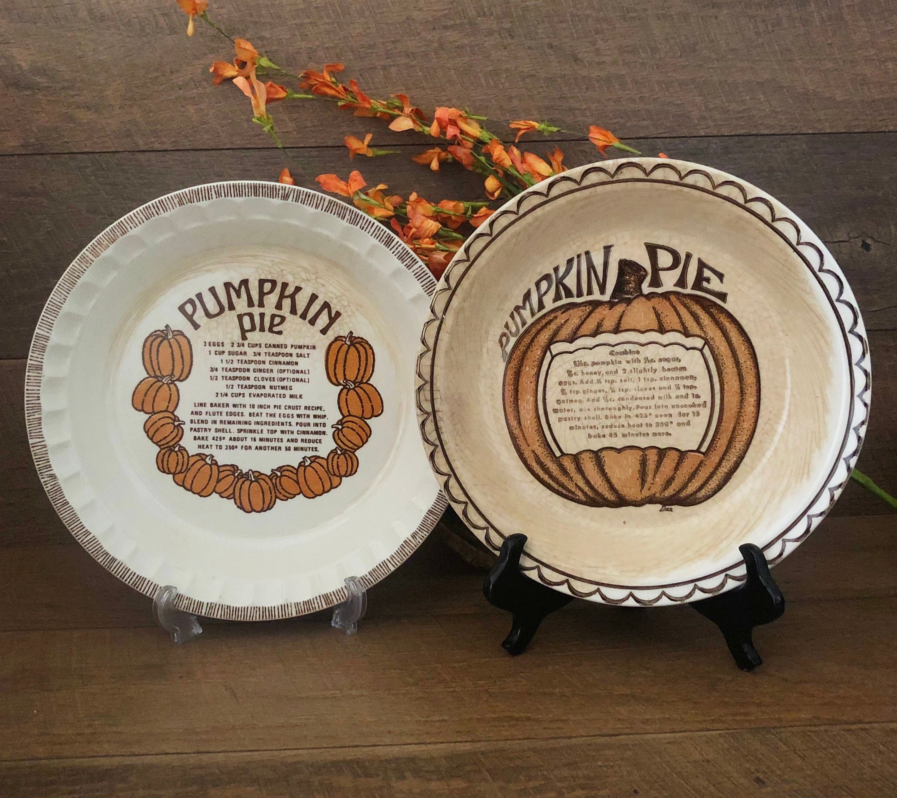 Set of 2 Vintage Pumpkin 11" Pie Plates Country Kitchen Orange Harvest Bakeware Deep Dish Pan Recipe Jeannette Pastry Baking Dishes Gifts