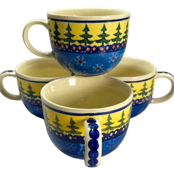 Vintage CERAMIKA WIZA Polish Ceramic Stoneware Tea Cup Set Blue & Yellow Studio Pottery Mugs Winter Scene Snowflakes Pine Trees - Set of 4