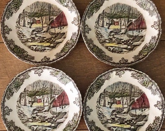 Set of 4 JOHNSON BROTHERS 5 1/2&quot; Small Fruit Bowls Friendly Village English Countryside Winter Scenes Shabby Chic Ice House Jewelry Holders