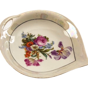 Antique PM Bavarian Porcelain Decorative Tray With Handle Hand Painted Flowers Iridescent Lusterware Candy Dish Floral Design Jewelry Holder