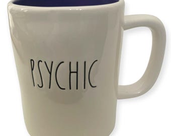 Rae Dunn "Psychic" Large Designer Purple Coffee Mug White Ceramic Oversized Tea Cups Metaphysical Fun Gift Ideas Coffee Lovers Tea Drinkers