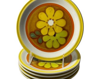 Mid Century Sakura Stoneware 7 1/2" Salad Plates Del Rose Orange Yellow Flowers Pop of Color Mix Match Floral Dessert Plates Japan Set of 5
