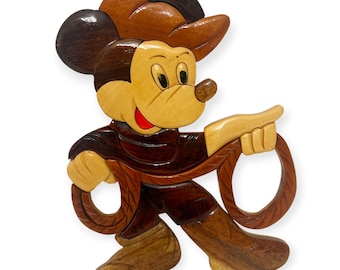 Vintage Wooden Mickey Mouse Cowboy Wall Hanging Walt Disney Lovers 1970s Intarsia Wood Art Cartoon Characters Gifts Decorative Wall Plaque