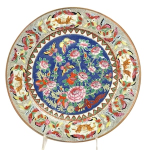 Vintage Nora Fenton Design Hand Painted 10&quot; Decorative Asian Plate Pink Peonies Pomegranates Butterflies Crickets Flowers Made In Macau