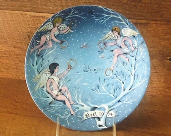 1974 Vintage Haviland Limoges 12 dagar av jul porslinstallrik 5 gyllene ringar franska keruber änglar blå väggbonad julklappstips