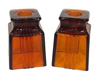 Amber Glass Square Candlestick Holders Art Deco Ribbed Reversible Votive Tealight Mid Century Table Decor Brown Dual Use Candle Holders