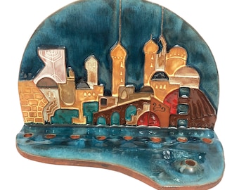 Vintage Menorah Terra Cotta Clay Ceramic Relief Signed Hanukkah Art MOSHE SARAD Candle Holder Jerusalem City Scene Jewish Artist From Israel