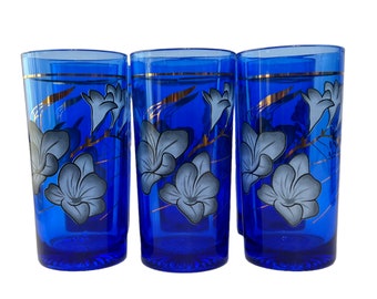 Vintage Water Glasses Tumblers Set of 4 Clear Glass Blue Flowers Made in  Brazil