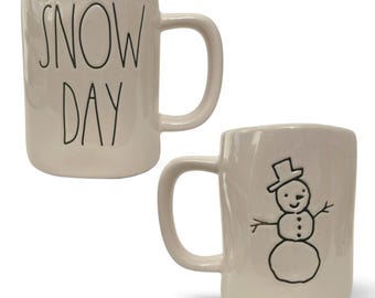 Rae Dunn "Snow Day" XL Sky Blue Coffee Mug White Ceramic Oversized Snowman Tea Cups Winter Lovers Ski Home Decor Relaxation Cozy Gift Ideas