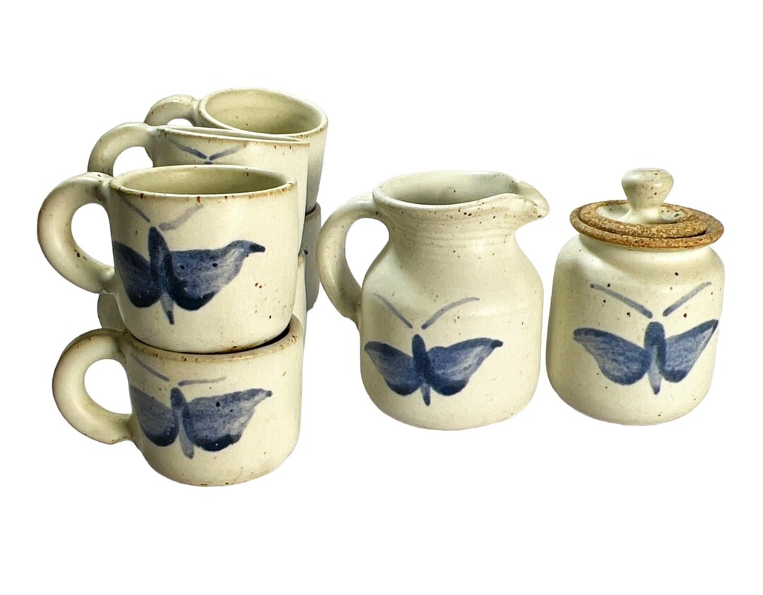 1960s 8 Piece Blue Butterfly Studio Pottery Espresso or Tea Set