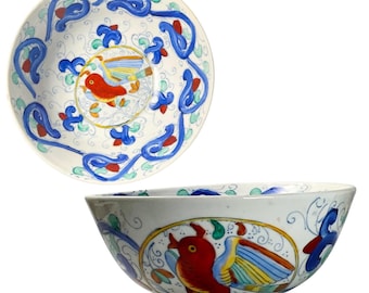Vintage 10" WBI Hand Painted Chinese Porcelain Large Serving Bowl Bird Floral Burnt Orange Cobalt Blue Decorative Fruit Bowl Footed Dish