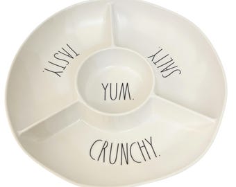 Rae Dunn Melamine Chip & Dip Bowl Yum Salty Tasty Crunchy Serving Bowl Big Melamine 13" Serving Platter Tray Fun Party Decor Game Day Snacks