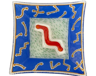 Vintage Nahariya 6" Square Art Fused Glass Tray  ANDREAS MEYER Blue Abstract Dish Jewish Trinket Tray Jewelry Holder Gifts Made In Israel