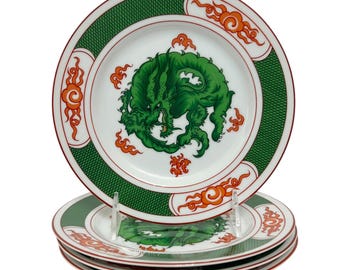 Mid Century Bread Plates 6 1/2" Fitz And Floyd Asian Dragon Crest MCM Porcelain Green Orange Replacements  Chinoiserie China Japan Set of 3